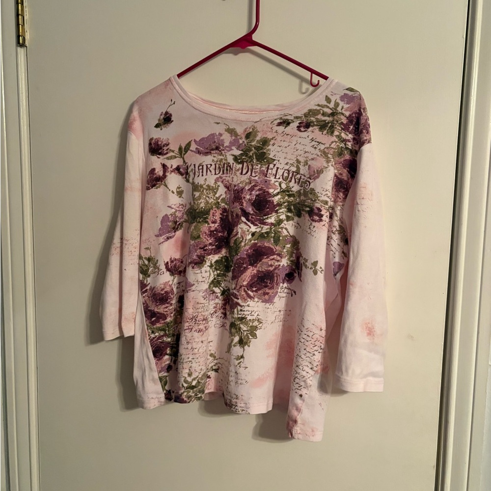 Nicole Pink Floral Midi-Sleeve Scoop Neck Top
